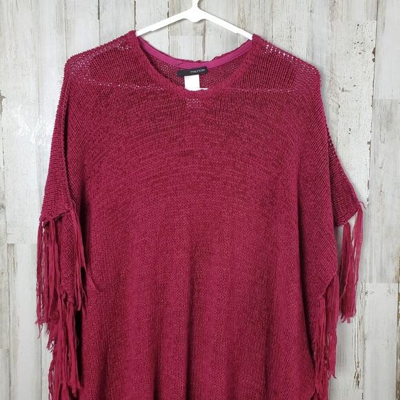 Maurices Boxy Loose Knit Fringe Shawl Sweater Maroon OSFM - Picture 4 of 11